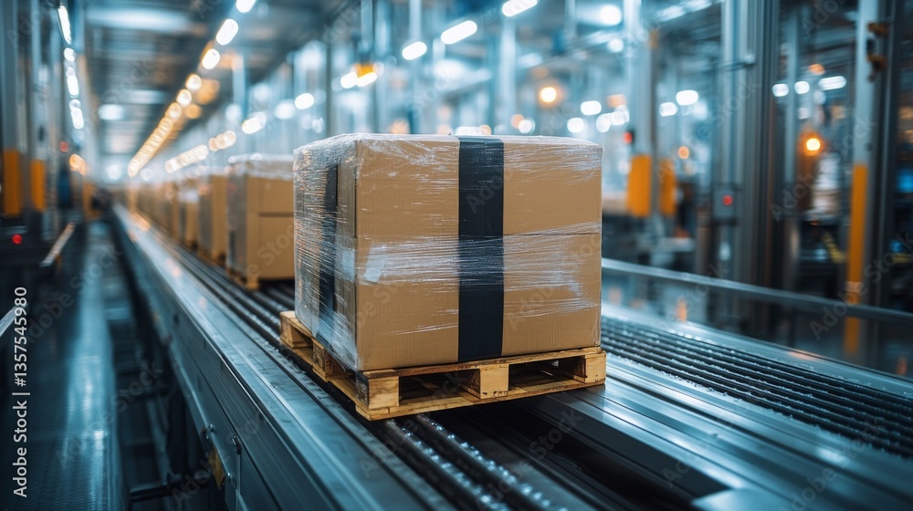 Leinwandbilder wrapped boxes on a pallet, progress along a conveyor system in a busy warehouse focused on efficient