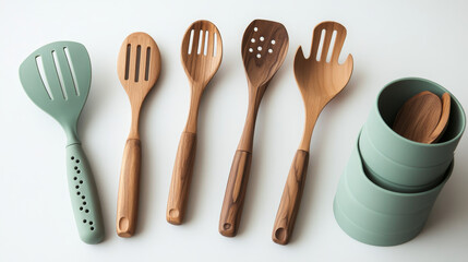 A cozy kitchen setup featuring a mix of silicone and wooden utensils