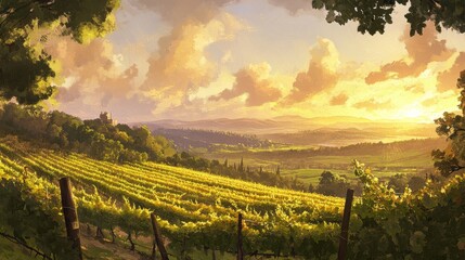 Obraz premium Sunset over vineyard fields scenic landscape nature photography rural retreat serene atmosphere captured beauty for wine lovers