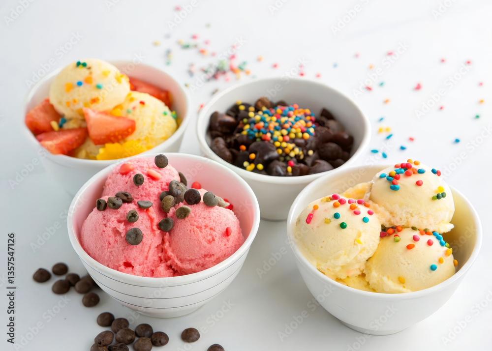 Poster four bowls of ice cream with different toppings. one bowl has colorful sprinkles, another has chocol