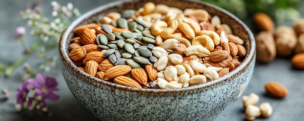 Obraz premium A beautifully arranged bowl of mixed nuts and seeds, showcasing an assortment of colors and textures perfect for healthy snacking or culinary inspiration.