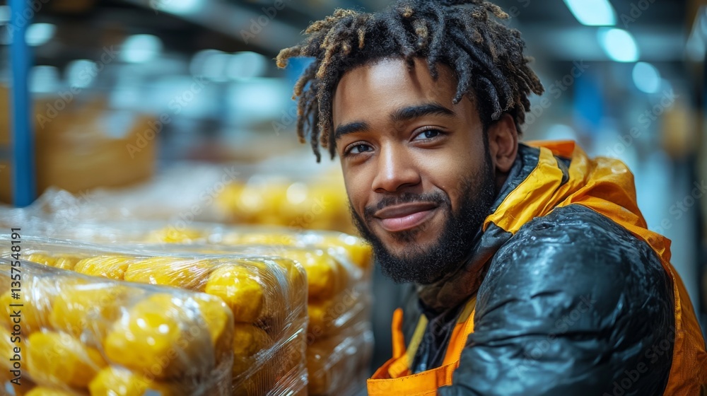Poster a logistics worker organizes and sorts packaged products in a large warehouse. the focus is on effic