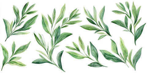 Naklejka premium Close-up of tarragon leaves emphasizing fine veins against white backdrop