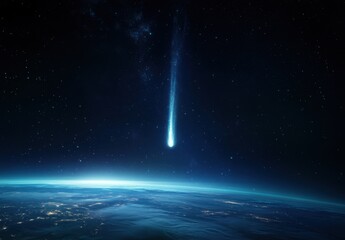 A comet falling from space, its glowing blue tail shining in the dark sky over the Earth, the horizon line visible.
