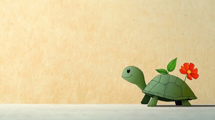 A cheerful green turtle with a flower and leaf on its shell, set against a warm, textured background.