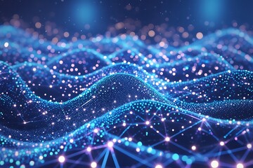 Futuristic Digital Landscape with Glowing Blue Particles and Technology Wave