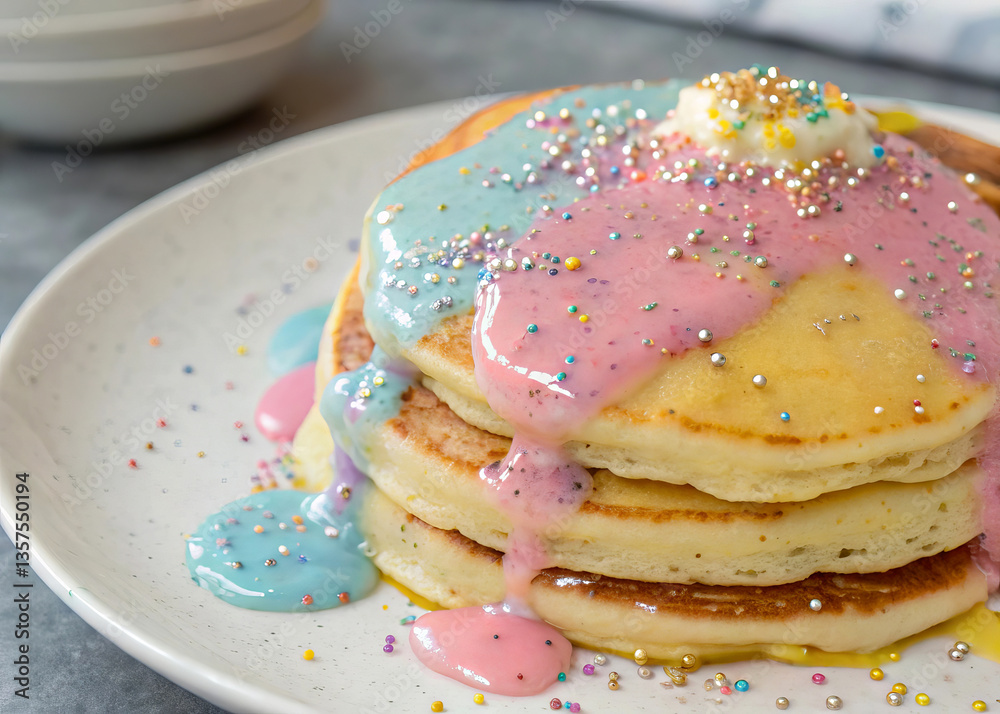Poster a plate of pancakes garnished with colorful sprinkles, a dollop of whipped cream, and a drizzle of c