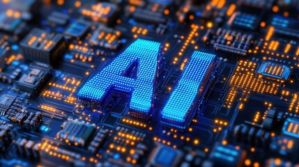 Obraz premium Artificial intelligence chip on futuristic circuit board.
