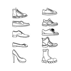 Vector Set of Sketch Shoes Items. Side View Collection