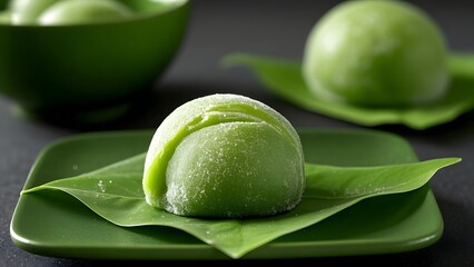 Green tea mochi on a table.