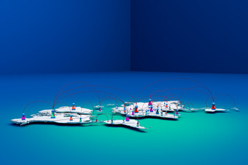 The doll model is placed on a world map. The dolls represent each country's companies or employees connecting or trading with each other.