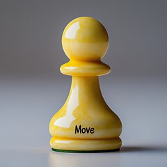 A close-up of a glossy yellow chess pawn with Move printed on its base, symbolizing strategy and game play.