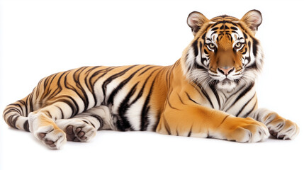 Fototapeta premium Majestic Wild Tiger with Detailed Orange and Black Striped Fur, Fully Isolated on White Background, No Shadows or Reflections, Generated AI 
