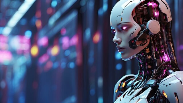 A futuristic robotic figure with a digital