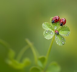 Fototapeta premium Three ladybugs resting on dewy four-leaf clover