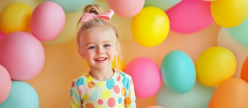 Smiling girl celebrating birthday party with colorful balloons