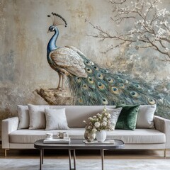 Peacock artwork on wall in living room with furniture