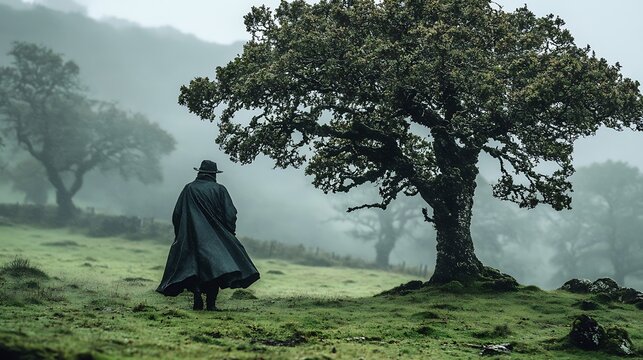 Lone figure in cloak walks past large tree in misty field.
