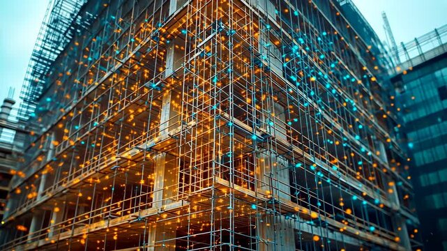 A modern construction site featuring a complex scaffolding structure and illuminated elements in blue and orange hues.