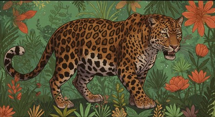 Naklejka premium Stylized Jaguar Illustration Amidst Vibrant Jungle Flora and Lush Foliage