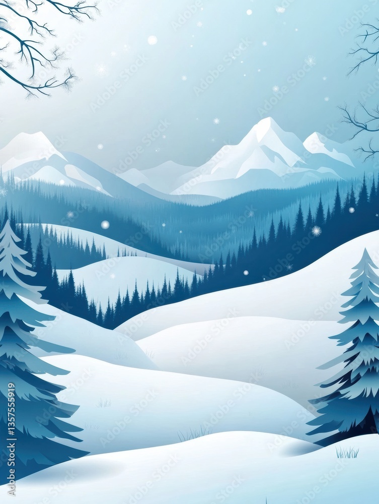 Poster serene winter landscape featuring snowy mountains and pine trees in a tranquil paper cut style gener