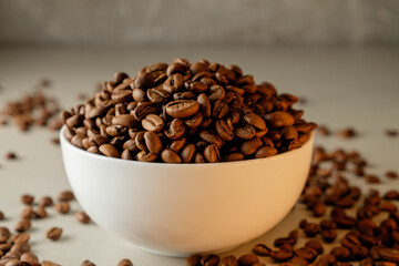 Delicious coffee beans stacked high in a cozy kitchen setting