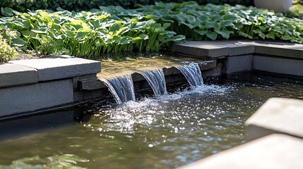 Serene cascading water feature in a garden.