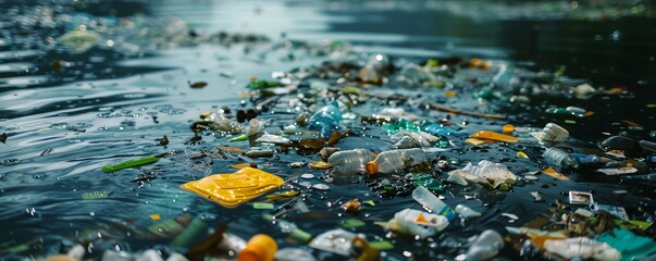 An unsettling view of plastic waste floating on water, highlighting the urgency of pollution and its impact on aquatic life and ecosystems.