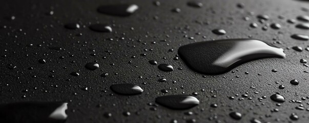 Close-up of water droplets on a smooth black surface, creating an artistic composition with reflections and a serene atmosphere.