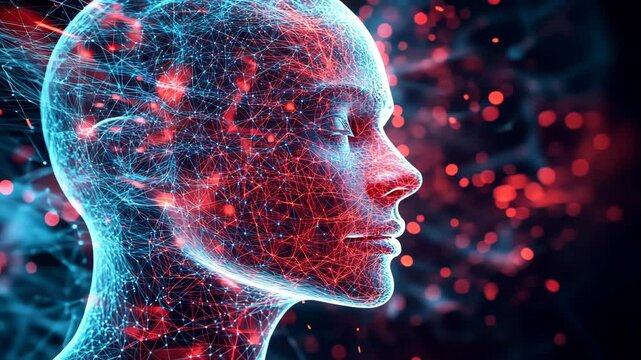 A digital representation of a human head composed of interconnected networks, showcasing a futuristic design with glowing blue and red lines.