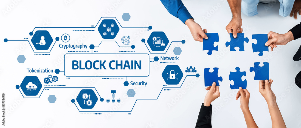 Fototapete Collaborative Puzzle Solving in Blockchain Technology with Visual Elements of Security, Cryptography, and Network Integration for Innovative Solutions. Amity