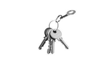 A floating set of silver keys on a keyring against a transparent background