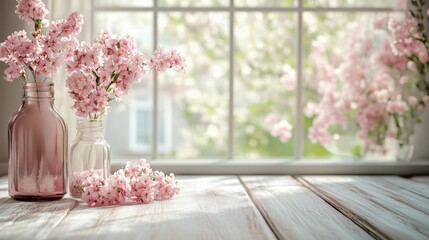 Pink flowers illuminating a white wooden table by a window create a cozy and spring atmosphere
