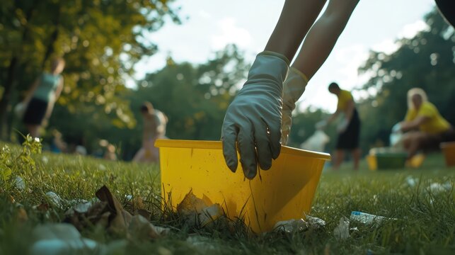 Community Clean-Up Effort: Volunteers working together to collect litter in a park, highlighting the importance of environmental protection and community involvement. - Powered by Adobe