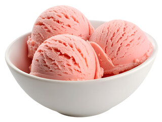 Strawberry Ice Cream Scoops in White Bowl Isolated on white Background