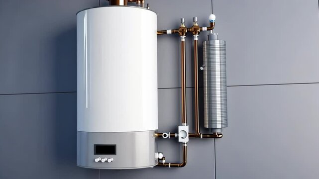 White modern home gas boiler mounted on a grey wall on a kitchen. Water heater. Water heating, ecology..