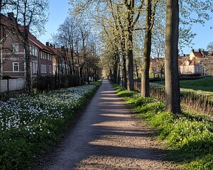 Spring path, houses, canal, flowers