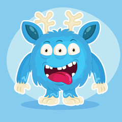 Blue cheerful cartoon monster. Vector illustration