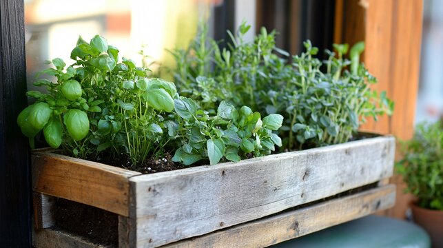 A creative DIY window box made from repurposed wine crates, now serving as a rustic herb garden