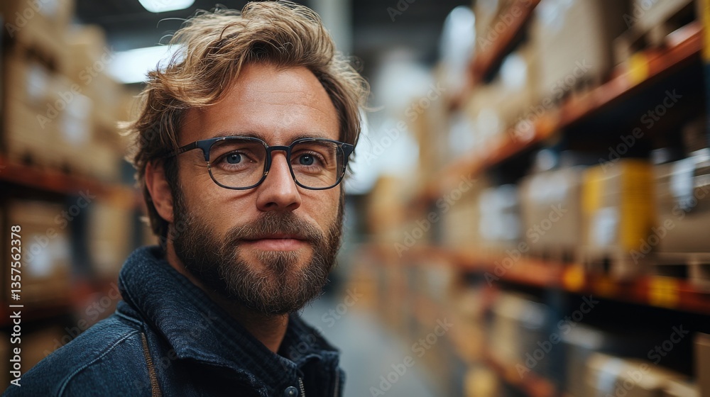 Poster a man with curly hair and glasses stands among rows of shelves in a warehouse. he looks confidently 