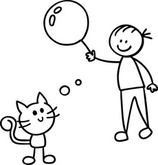 Line Drawing: Person, Balloon, Cat, Simple Vector Art