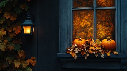 Obraz premium A moody autumn night where a window box filled with dried leaves and pumpkins is bathed in the glow of a nearby lantern