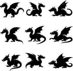 Dragon Silhouettes: Winged Fantasy Creatures, Vector Set