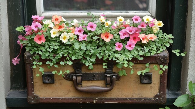 A repurposed vintage suitcase turned into a charming window box, brimming with colorful flowers and trailing ivy