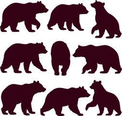 Nine Bear Silhouettes: Walking, Standing, Diverse Poses