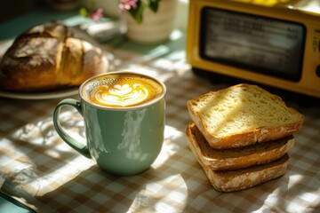 Cozy breakfast scene with latte art coffee, fresh bread, toast, and a vintage radio on a checkered tablecloth.