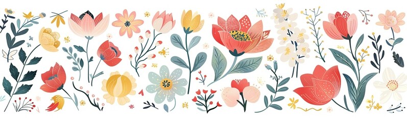 Obraz premium Horizontal banner with watercolor birds, tulips, and spring flowers