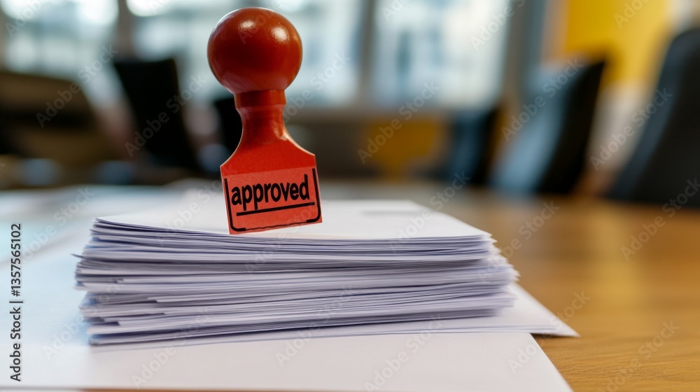 Poster business approval process office environment document management professional setting close-up view 