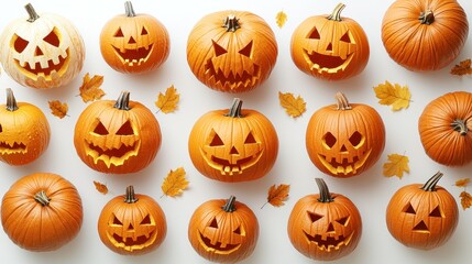 Jack-o'-lanterns, autumn leaves, white background, Halloween decorations, website banner