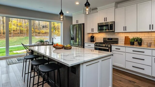 Modern kitchen design showcasing sleek appliances and a spacious countertop in a serene fall setting